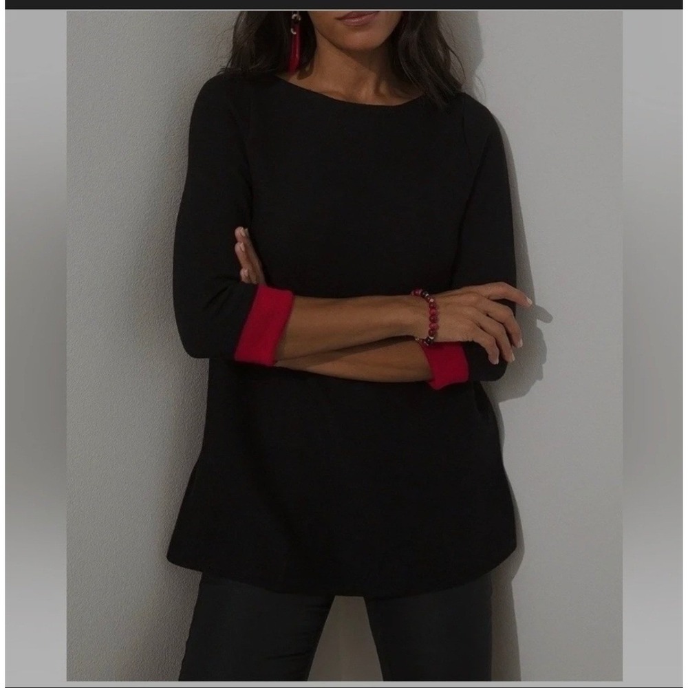 Chicos Black Red Reversible Knit Top Boat Neck 3/4 Sleeve Size 2 Large